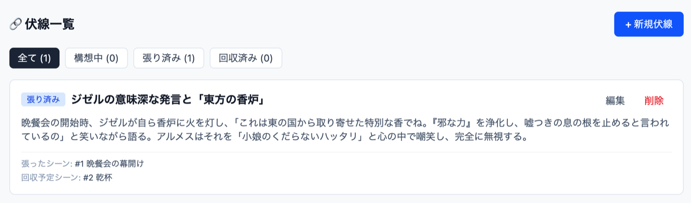 伏線一覧の画面。構想中・張り済み・回収済みで絞り込めて、伏線を張ったシーンと回収予定のシーンが表示されている